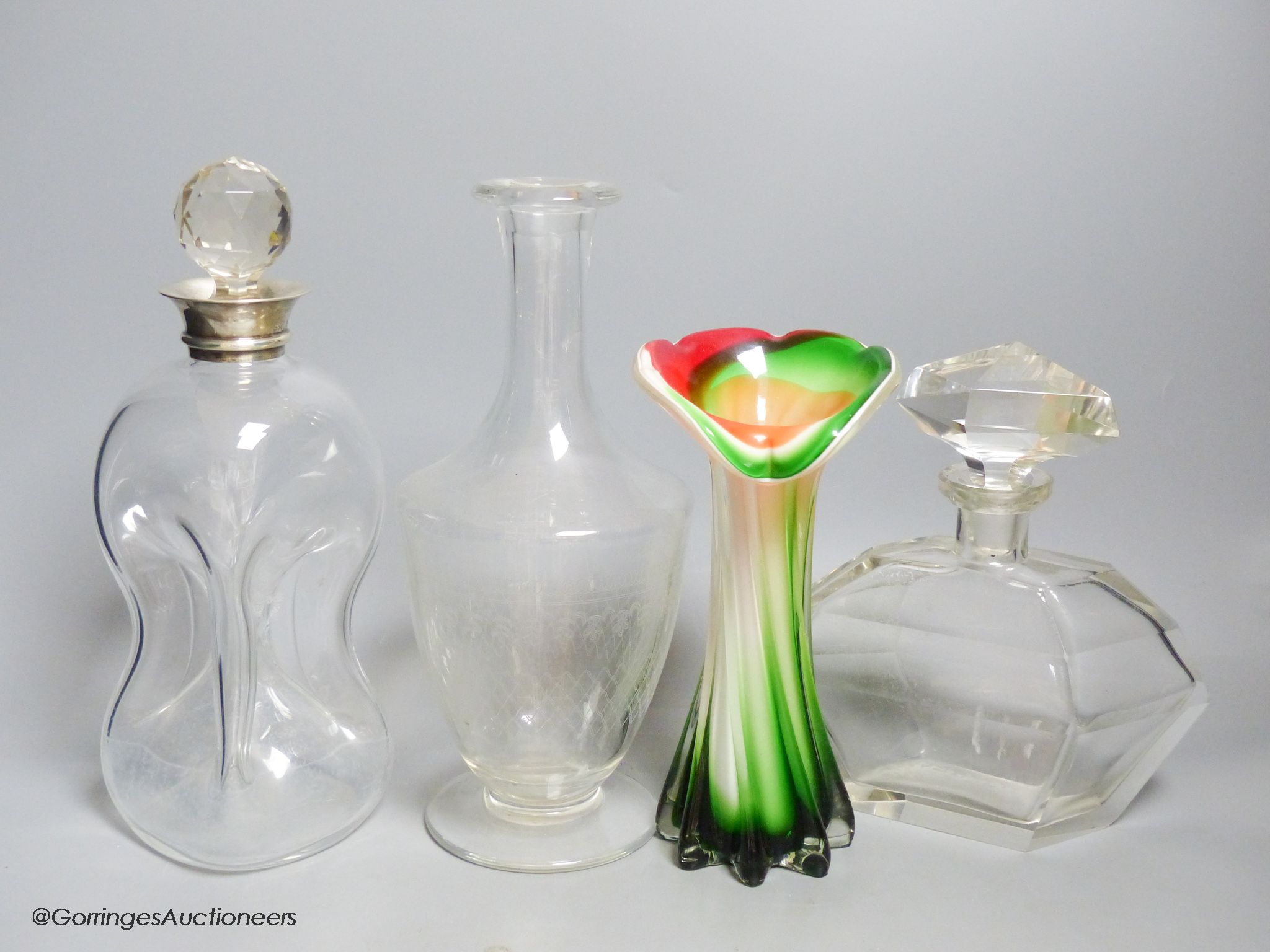 A silver-mounted decanter, a carafe vase and an Art Deco scent bottle